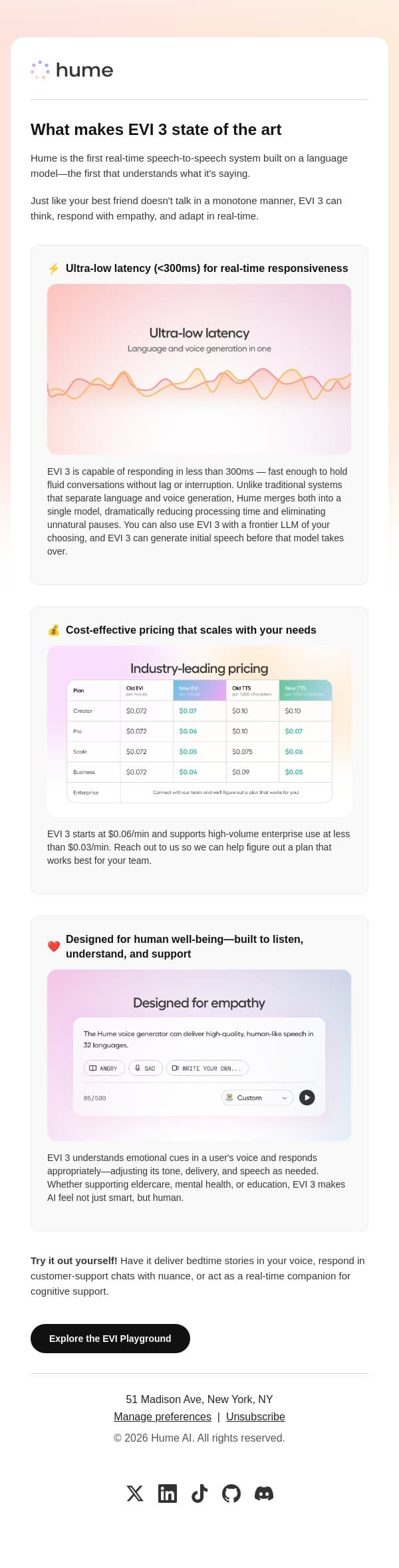 AI that talks like your best friend email from Hume AI screenshot