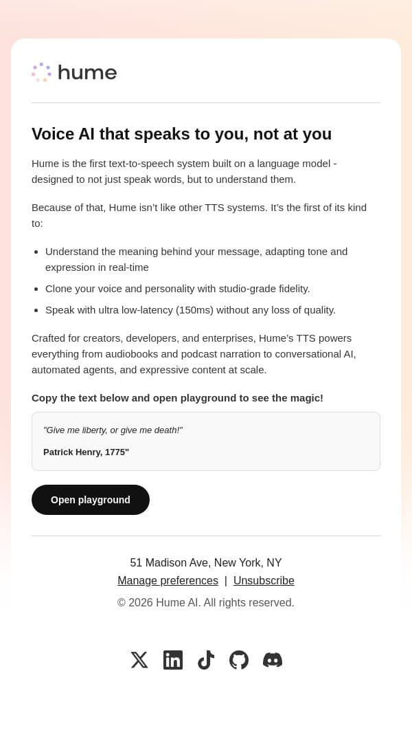Studio quality narration, without the setup email from Hume AI screenshot