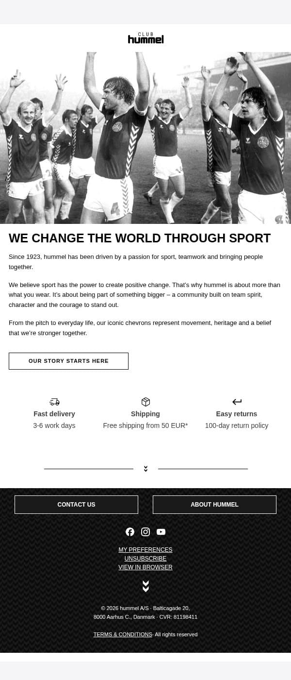 100 years of sport, community and progress email from Hummel screenshot
