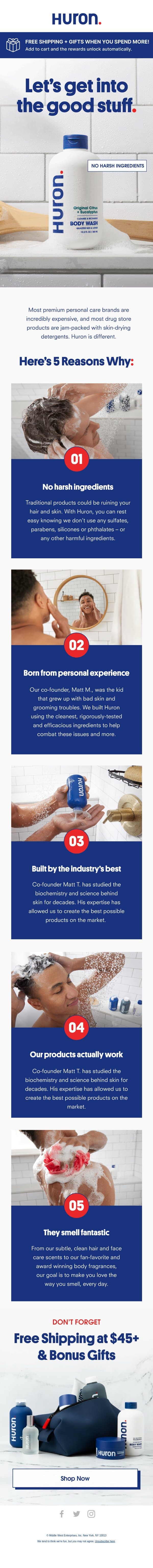5 Reasons to Stock Your Shower with Huron email from Huron screenshot