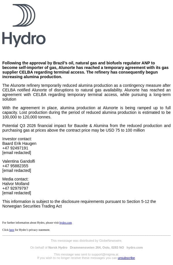 Norsk Hydro: Alunorte ramps up alumina production email from Hydro screenshot