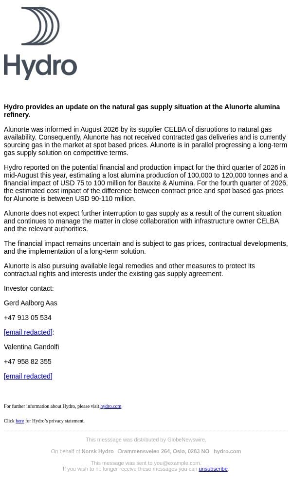 Norsk Hydro: Update on Alunorte gas supply situation email from Hydro screenshot