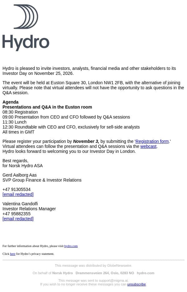 Norsk Hydro: Invitation to Hydro’s Investor Day, London email from Hydro screenshot
