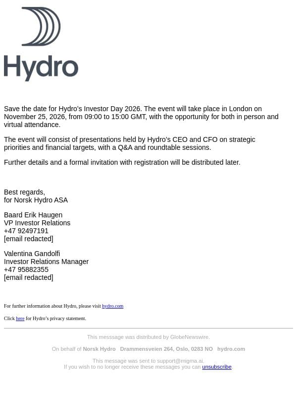 Norsk Hydro: Save the date – Investor Day to be held in London on November 25, 2026 email from Hydro screenshot