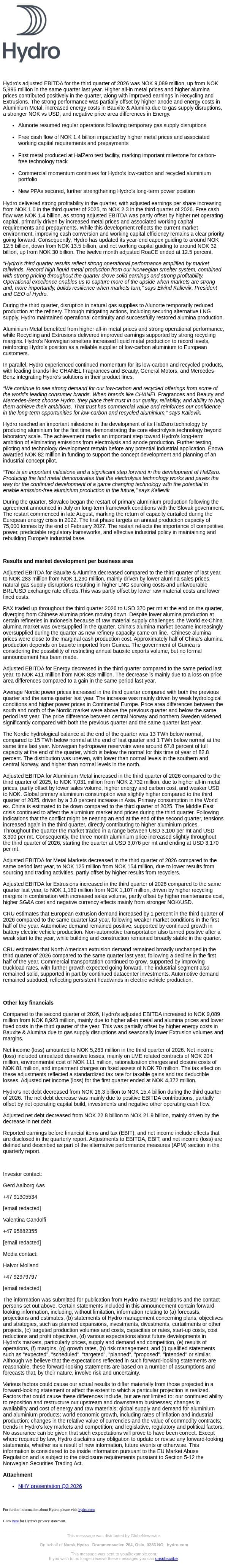 Norsk Hydro: Solid results and strong performance email from Hydro screenshot