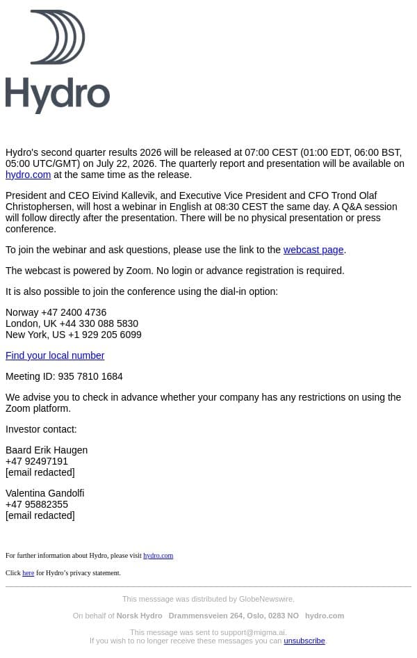 Norsk Hydro: Invitation to Hydro's second quarter results 2026 email from Hydro screenshot
