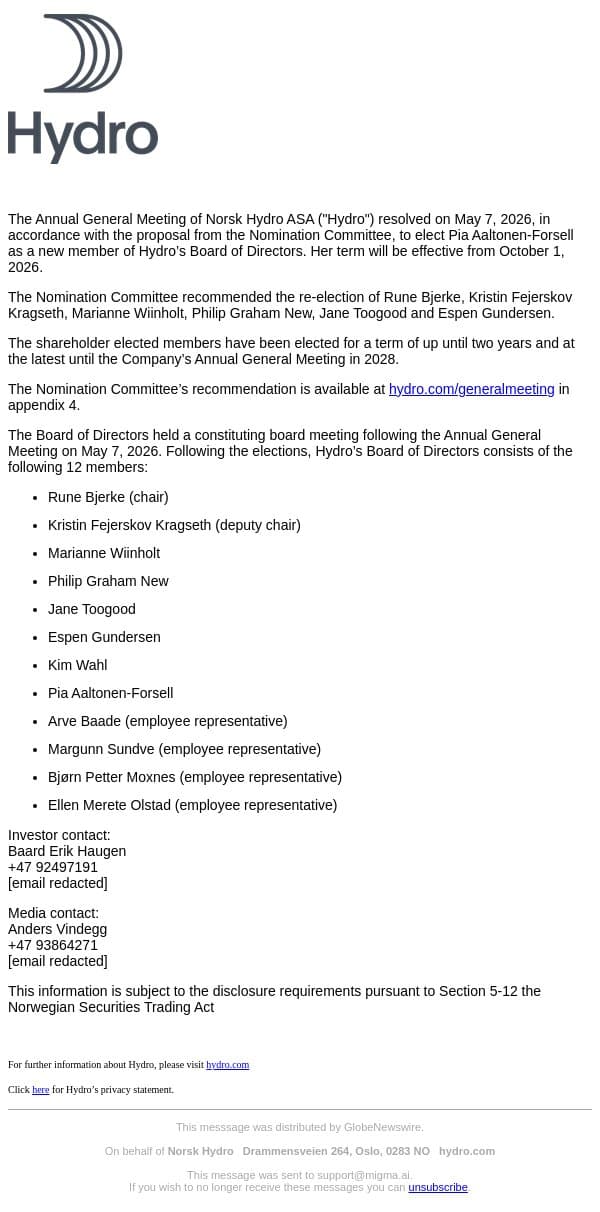 Norsk Hydro: Election of members to the Board of Directors email from Hydro screenshot