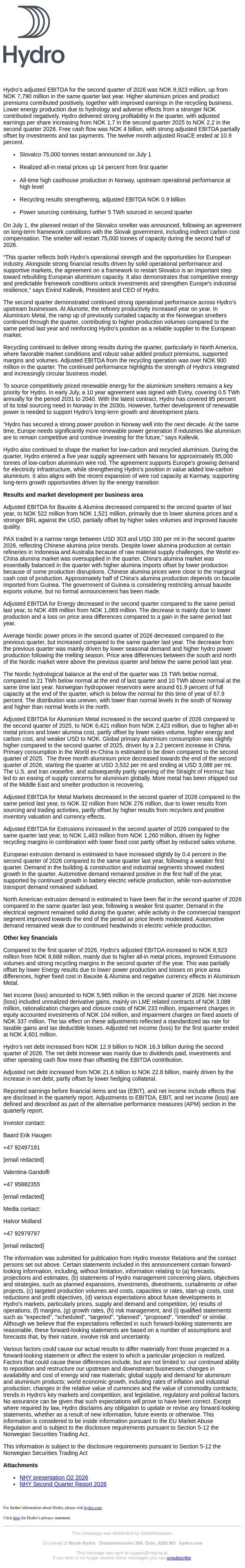 Norsk Hydro: Operational strength delivering solid results email from Hydro screenshot