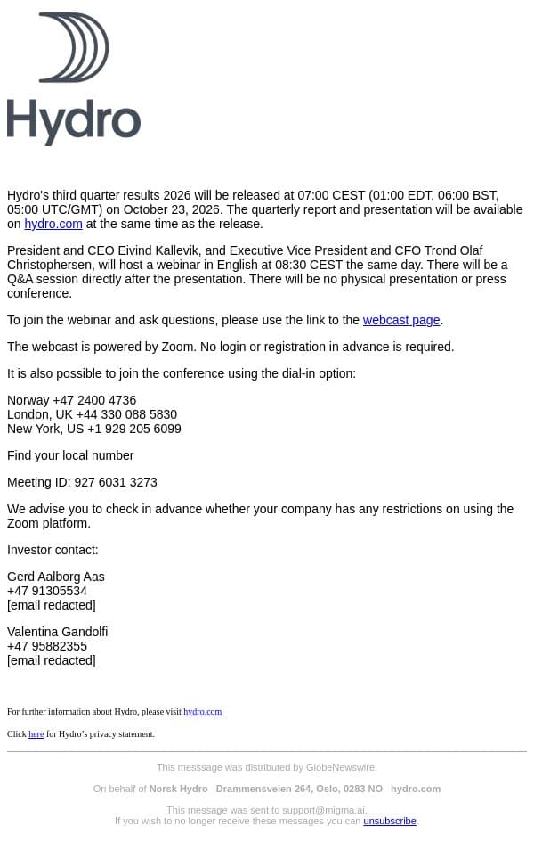 Norsk Hydro: Invitation to Hydro's third quarter results 2026 email from Hydro screenshot