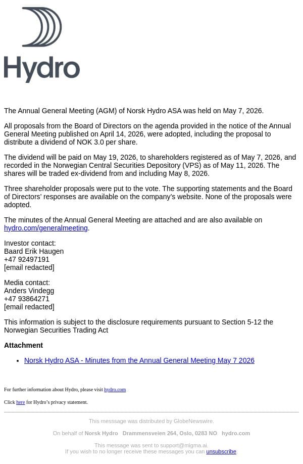 Norsk Hydro: Minutes from the Annual General Meeting 2026 email from Hydro screenshot