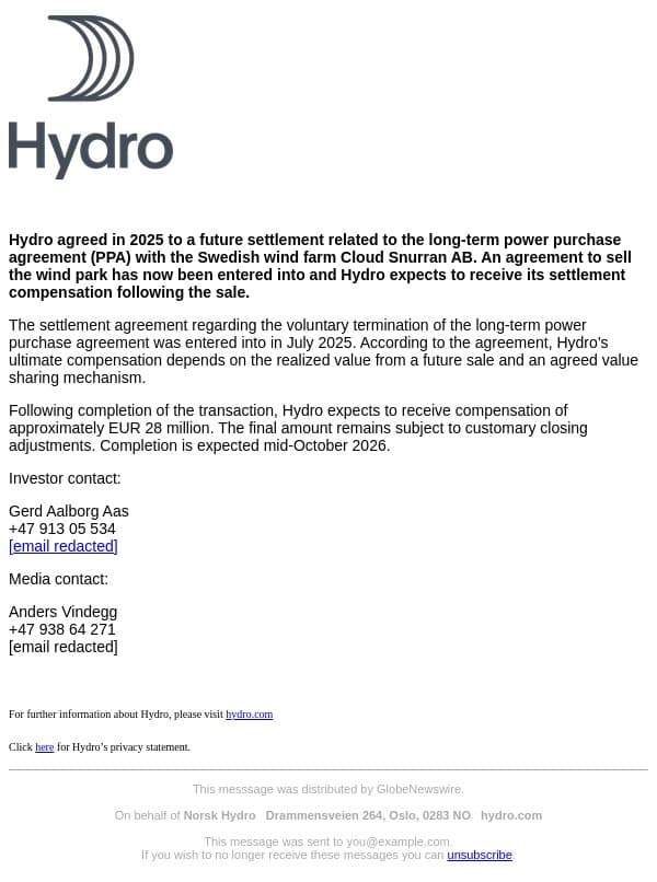 Norsk Hydro: Hydro to receive EUR 28 million compensation following wind farm sale email from Hydro screenshot