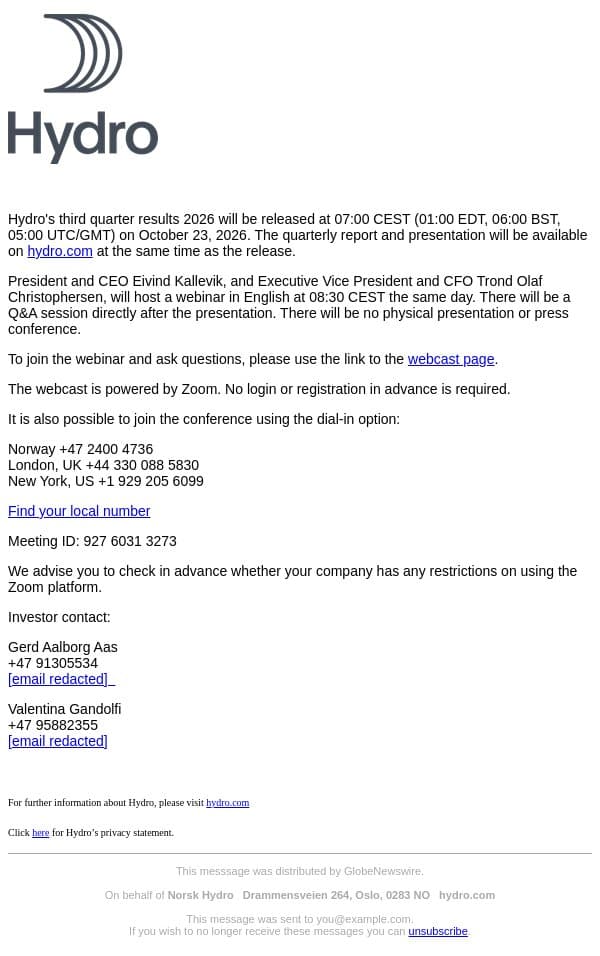 Norsk Hydro: Reminder - Invitation to Hydro's third quarter results 2026 email from Hydro screenshot