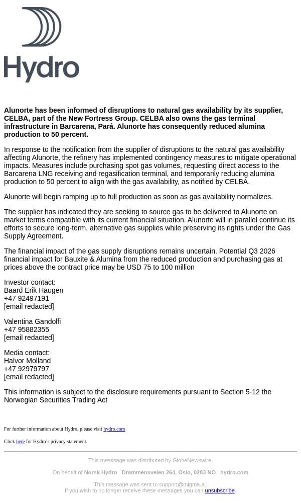 Norsk Hydro: Alunorte reduces alumina production on natural gas supply disruptions email from Hydro screenshot