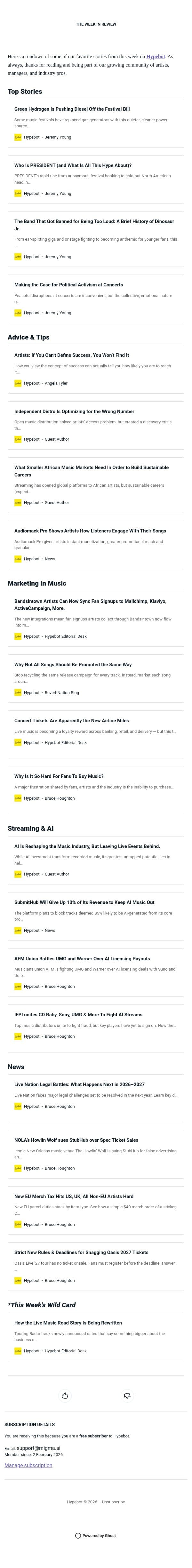 The Week in Review: Sept 11-17, 2026 email from Hypebot screenshot