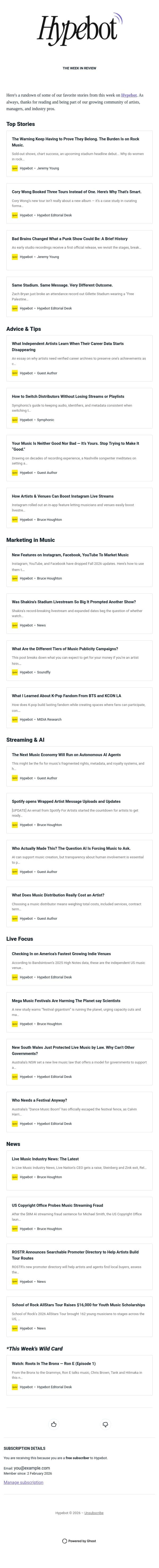 The Week in Review: Oct 2-8, 2026 email from Hypebot screenshot