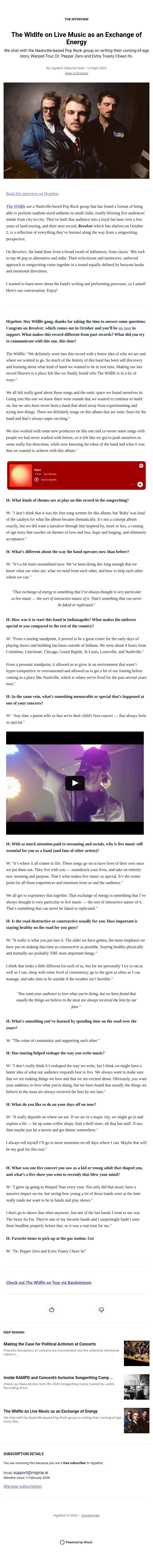 The Wldlfe on Live Music as an Exchange of Energy email from Hypebot screenshot