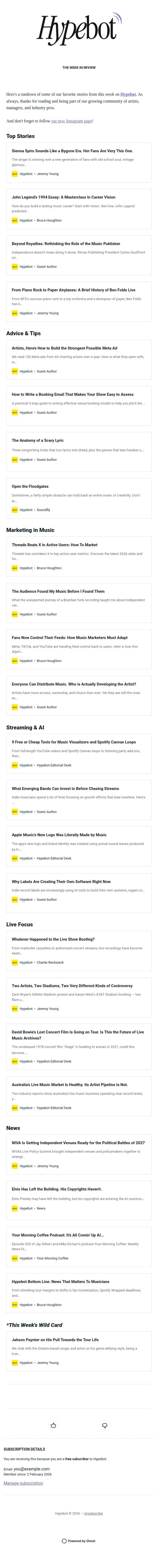 The Week in Review: Oct 23-29, 2026 email from Hypebot screenshot