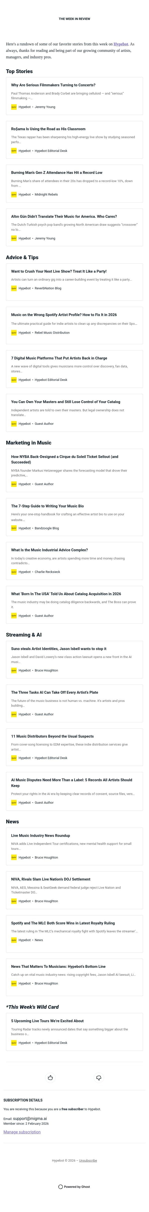 The Week in Review: Sept 4-10, 2026 email from Hypebot screenshot