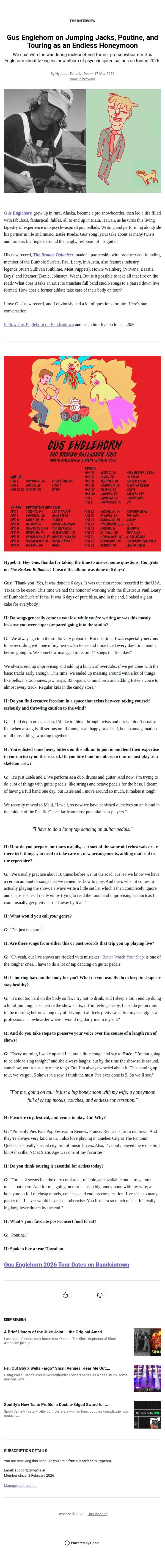 Gus Englehorn on Jumping Jacks, Poutine, and Touring as an Endless Honeymoon email from Hypebot screenshot