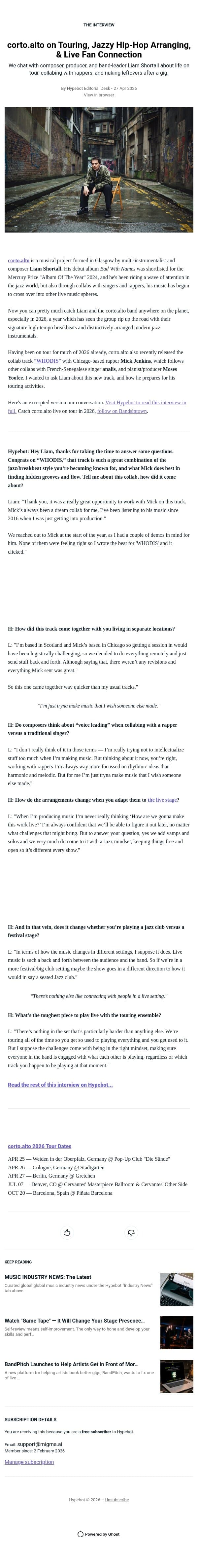 corto.alto on Touring, Jazzy Hip-Hop Arranging, & Live Fan Connection email from Hypebot screenshot