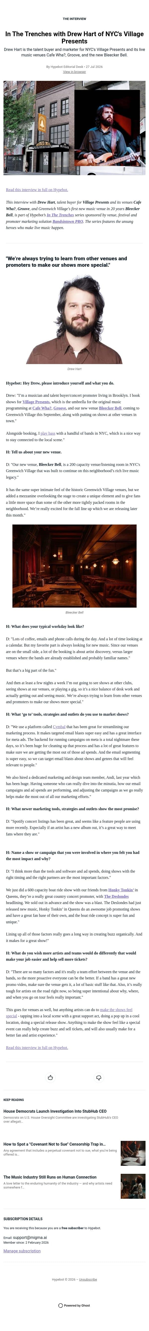 In The Trenches with Drew Hart of NYC's Village Presents email from Hypebot screenshot