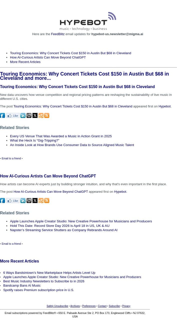 Touring Economics: Why Concert Tickets Cost $150 in Austin But $68 in Cleveland and more... email from Hypebot screenshot