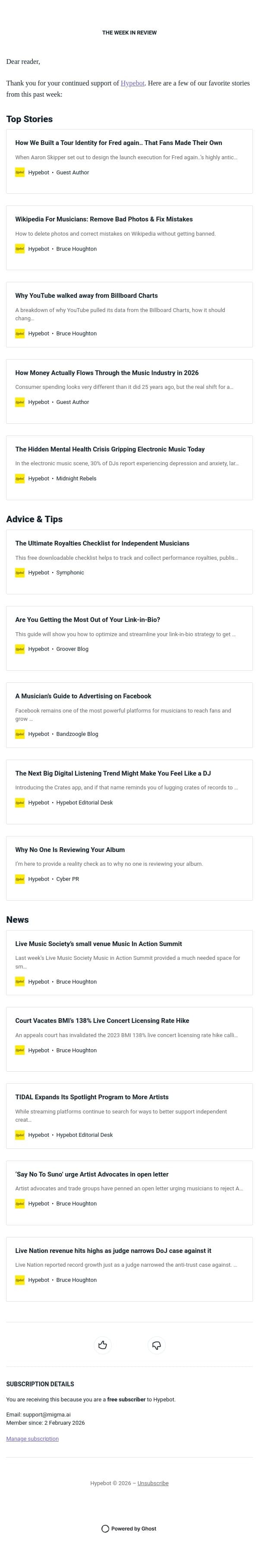 The Week in Review: February 20-26, 2026 email from Hypebot screenshot