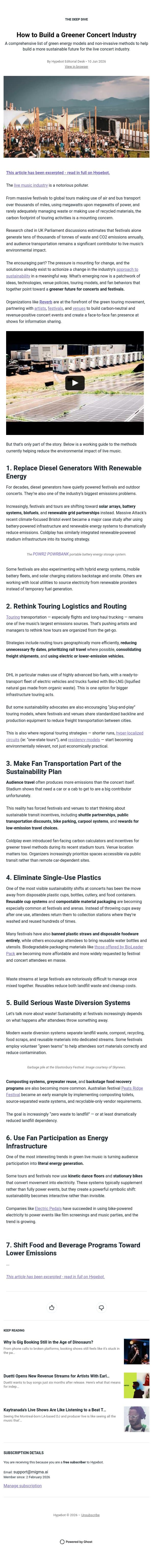How to Build a Greener Concert Industry email from Hypebot screenshot