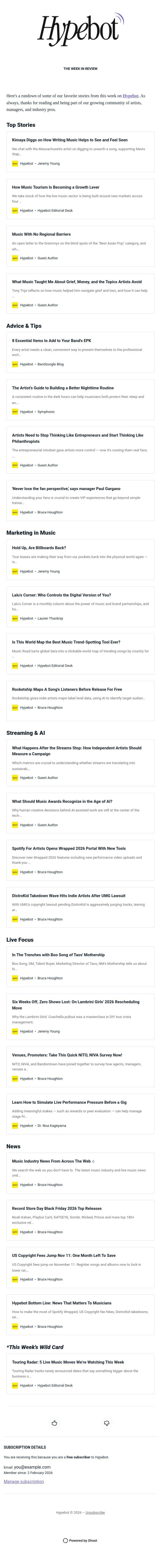 The Week in Review: Oct 9-15, 2026 email from Hypebot screenshot