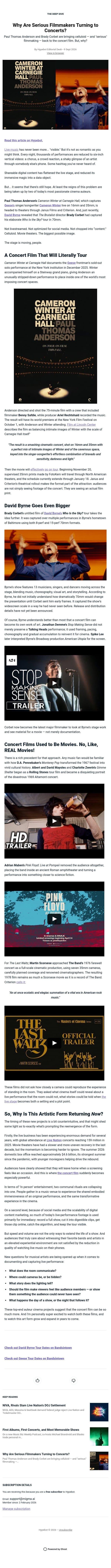 Why Are Serious Filmmakers Turning to Concerts? email from Hypebot screenshot
