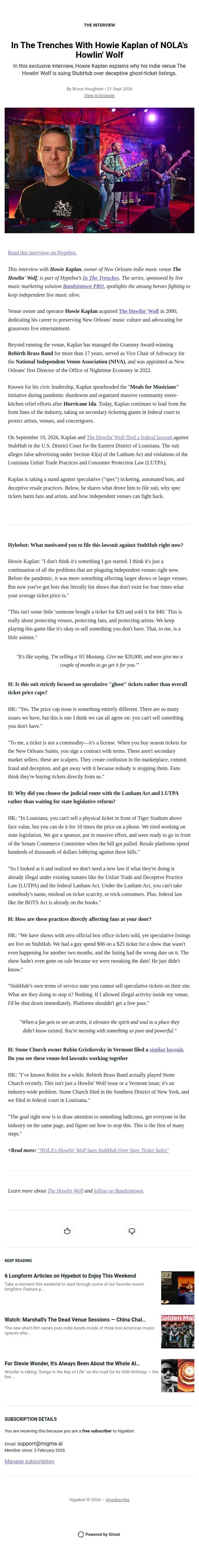 In The Trenches With Howie Kaplan of NOLA's Howlin' Wolf email from Hypebot screenshot