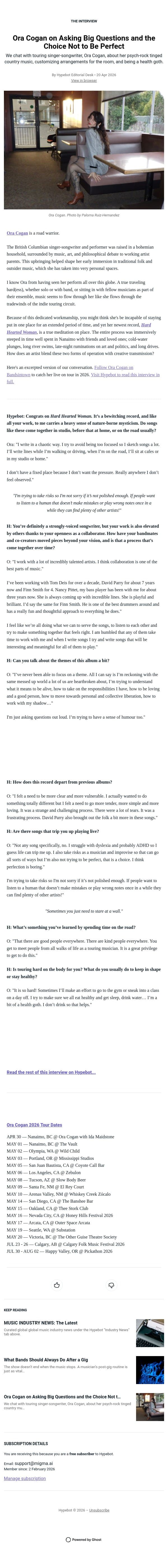 Ora Cogan on Asking Big Questions and the Choice Not to Be Perfect email from Hypebot screenshot