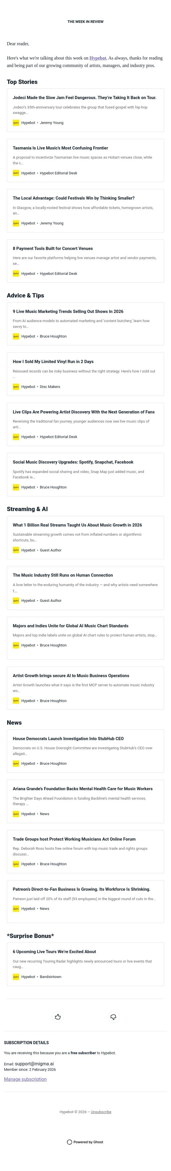 The Week in Review: July 24-30, 2026 email from Hypebot screenshot