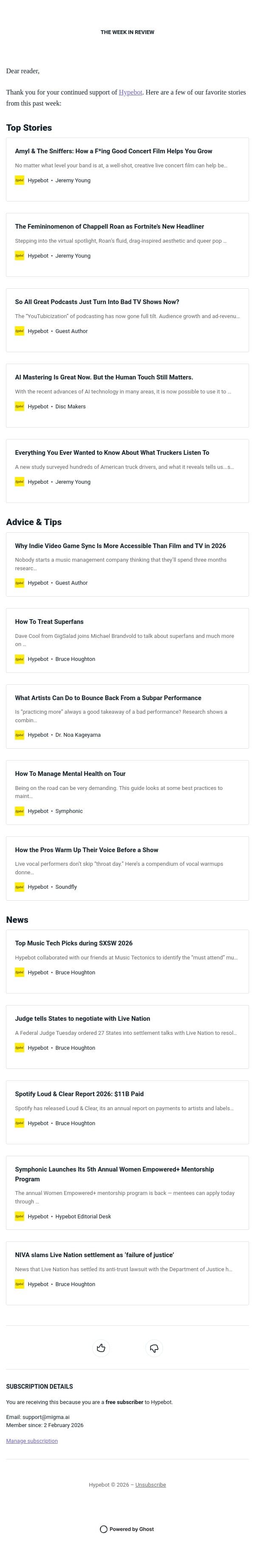 The Week in Review: March 6-12, 2026 email from Hypebot screenshot
