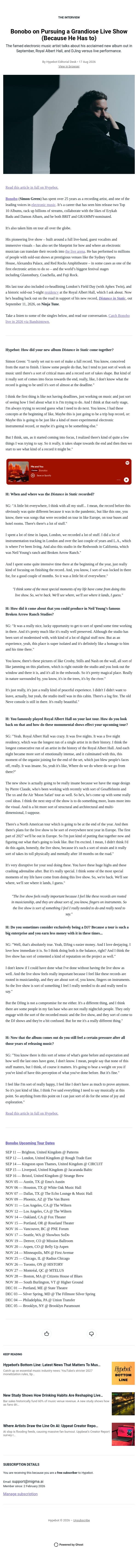 Bonobo on Pursuing a Grandiose Live Show (Because He Has to) email from Hypebot screenshot