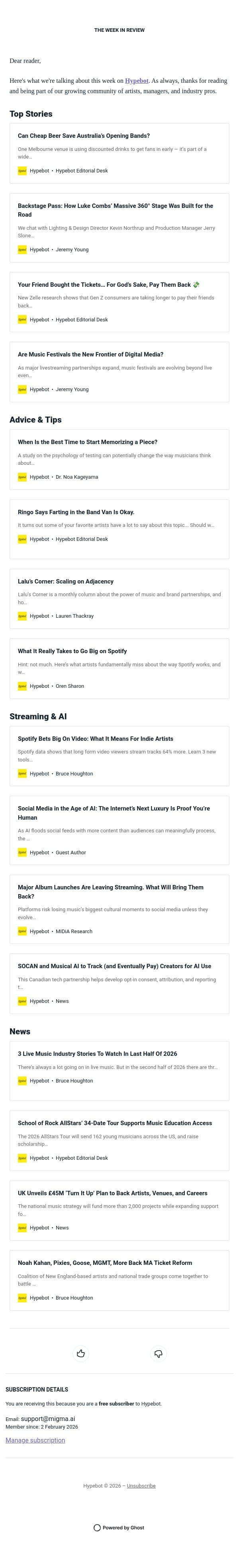 The Week in Review: July 17-23, 2026 email from Hypebot screenshot