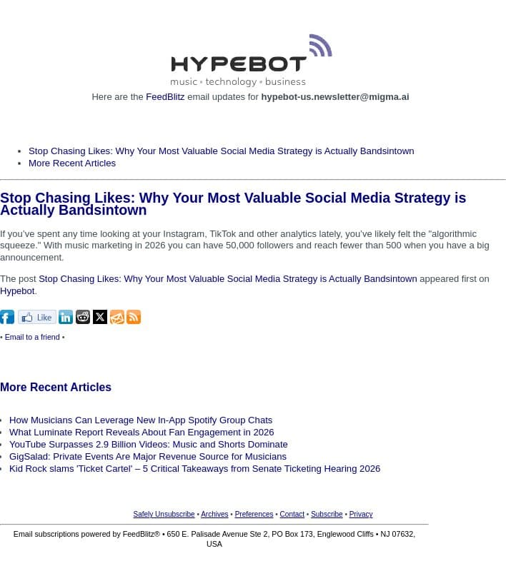 Stop Chasing Likes: Why Your Most Valuable Social Media Strategy is Actually Bandsintown email from Hypebot screenshot