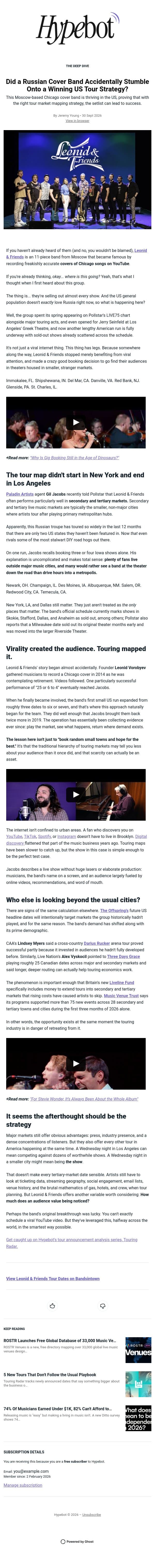 Did a Russian Cover Band Accidentally Stumble Onto a Winning US Tour Strategy? email from Hypebot screenshot