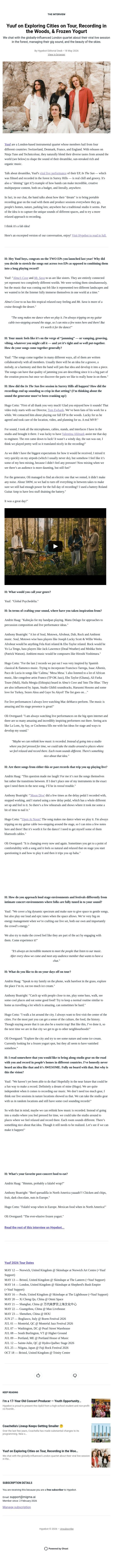 Yuuf on Exploring Cities on Tour, Recording in the Woods, & Frozen Yogurt email from Hypebot screenshot