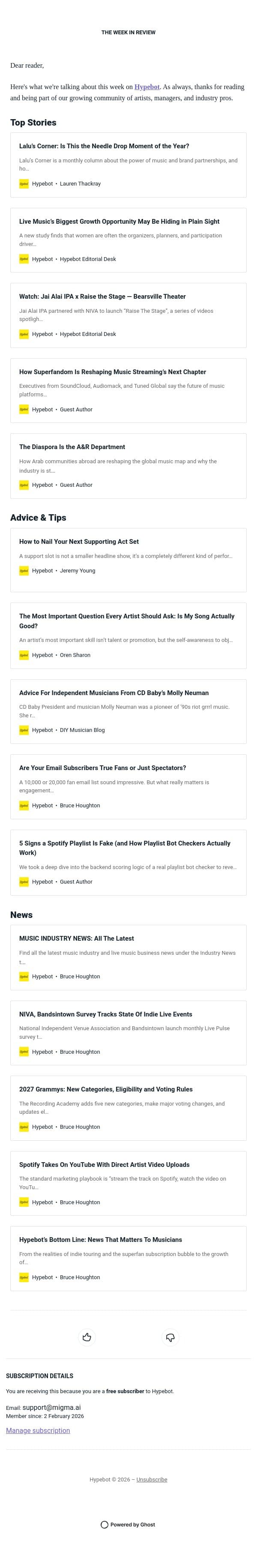 The Week in Review: June 12-18, 2026 email from Hypebot screenshot