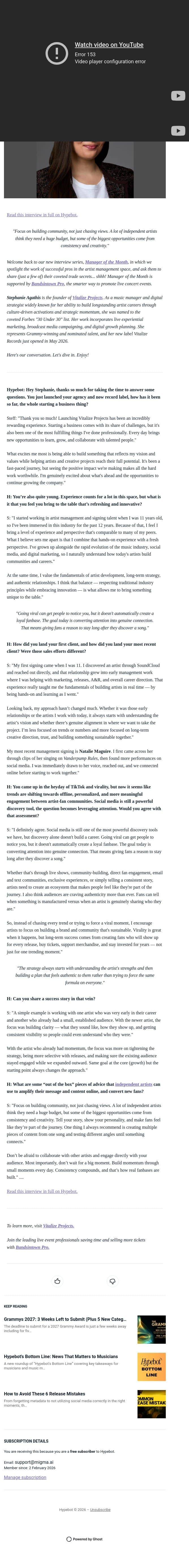 Steff Agathis: "Consistency compounds, and that’s how real fanbases are built." email from Hypebot screenshot