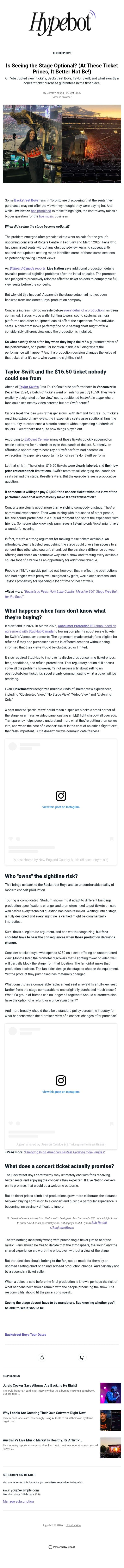 Is Seeing the Stage Optional? (At These Ticket Prices, It Better Not Be!) email from Hypebot screenshot