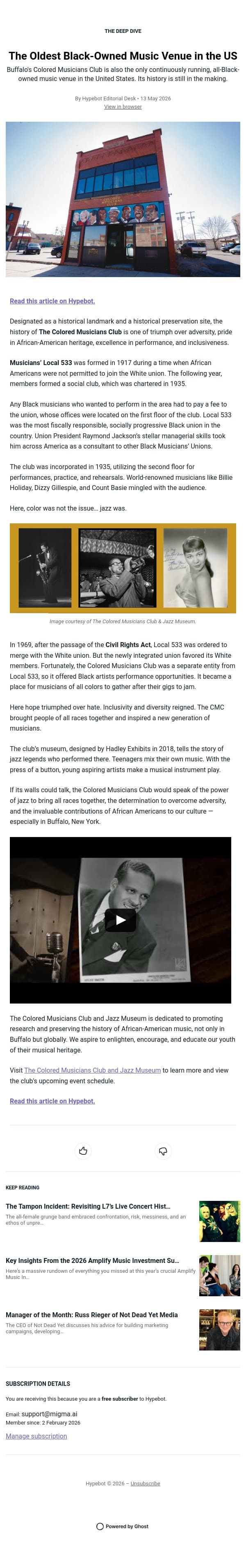 The Oldest Black-Owned Music Venue in the US email from Hypebot screenshot