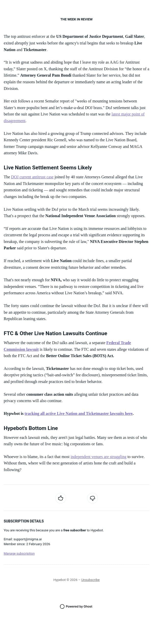 DoJ antitrust enforcer exits weeks before Live Nation trial email from Hypebot screenshot