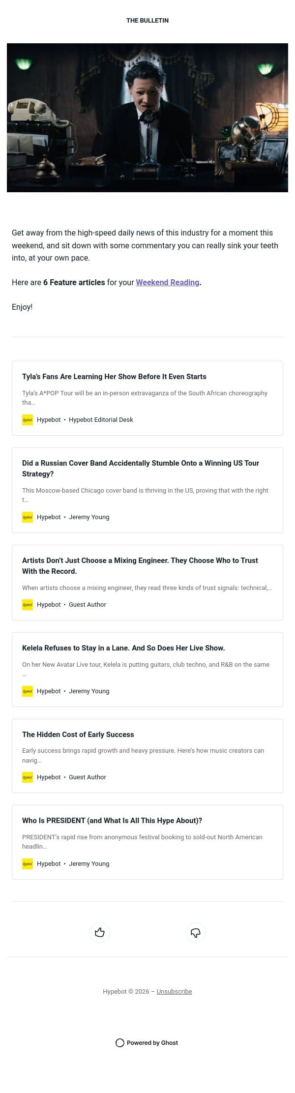 6 Feature Articles on Hypebot to Enjoy This Weekend email from Hypebot screenshot