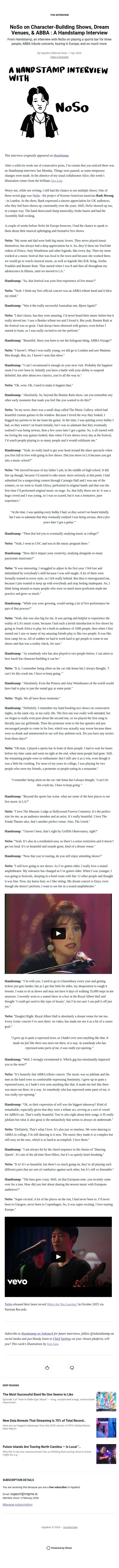 NoSo on Character-Building Shows, Dream Venues, & ABBA : A Handstamp Interview email from Hypebot screenshot