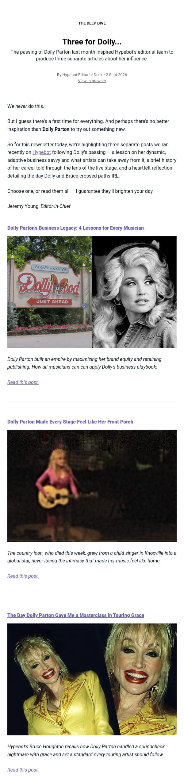 Three for Dolly... email from Hypebot screenshot