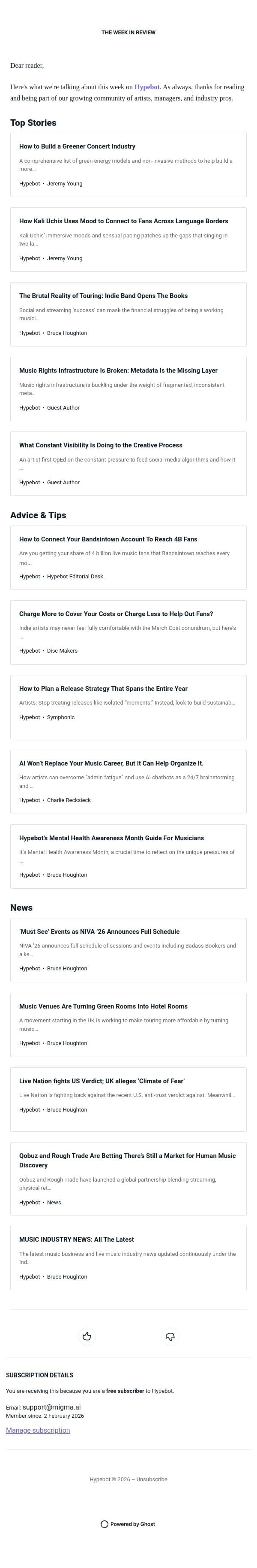 The Week in Review: May 22-28, 2026 email from Hypebot screenshot