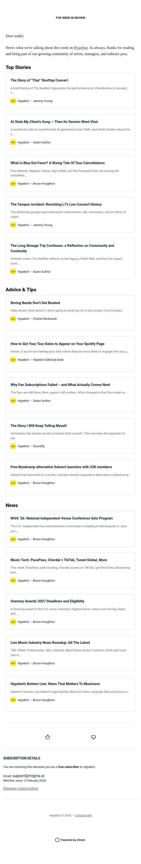 The Week in Review: May 8-14, 2026 email from Hypebot screenshot