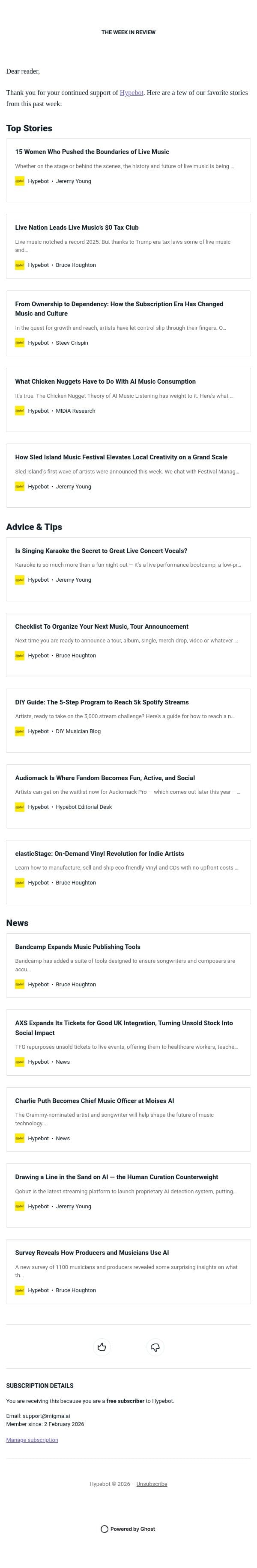 The Week in Review: February 27-March 5, 2026 email from Hypebot screenshot